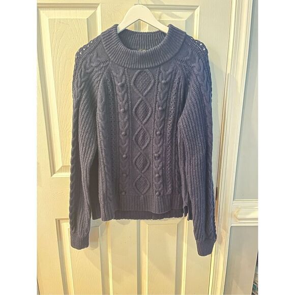 J. Crew Ezra Navy Pom Pom Cable Knit Sweater sz XL EUC - Picture 2 of 9